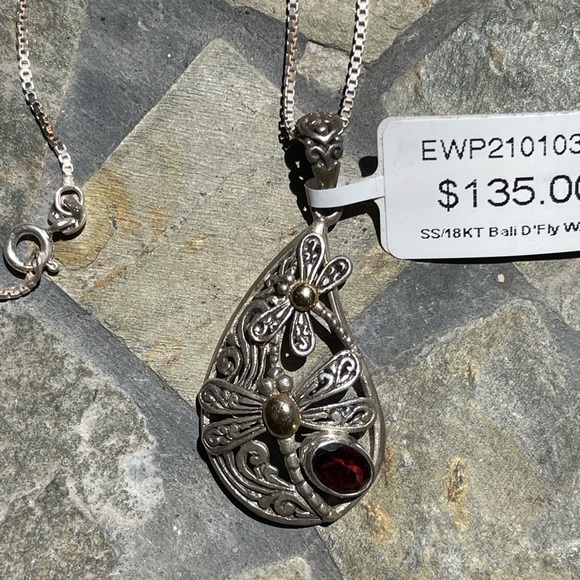 SS/18K Gold Bali garnet pendant necklace - Picture 2 of 9